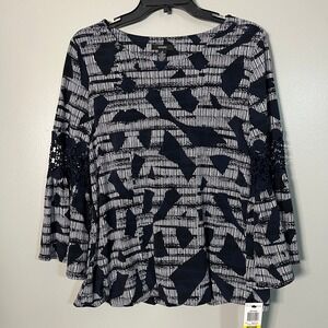 Alfani Soft Edge Navy White Geometric Bell Sleeve Crochet Blouse Medium NWT